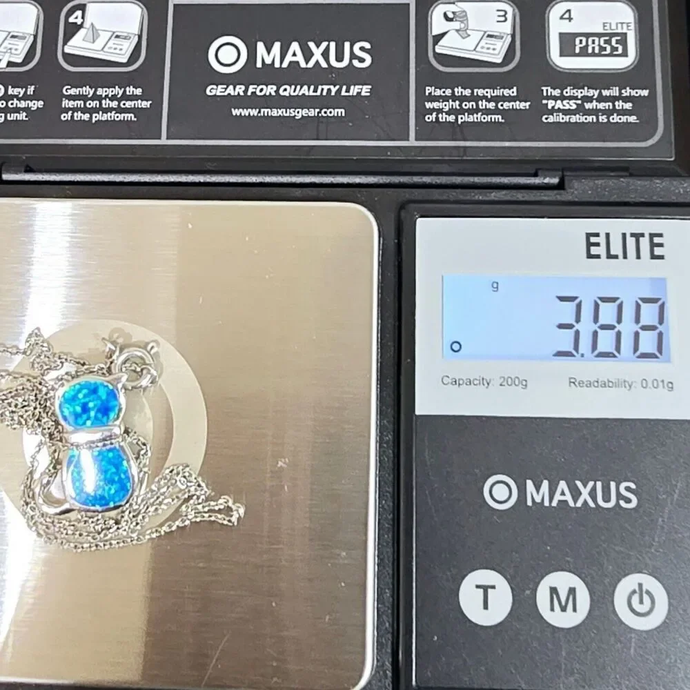 Sterling Silver 925 Rhodium Plated Lab Blue Inlay Opal Sitting Cat 18
